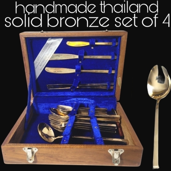 Vintage Other - Vintage Solid Bronze Thai Made Cutlery Set of 4+ Chopstick Model Rosewood Box